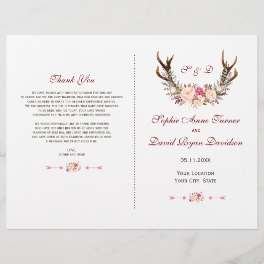 Roze bloemige herten wedding programma met charme (Voorkant)