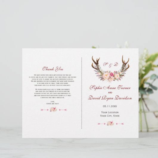 Roze bloemige herten wedding programma met charme (Staand voorkant)