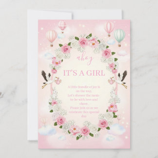 Roze bloemige "Het is een meisje" babyshower uitno Kaart