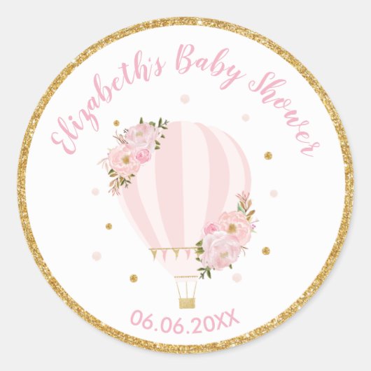 Roze bloemige hete luchtballon bedankbriefje ronde sticker (Voorkant)