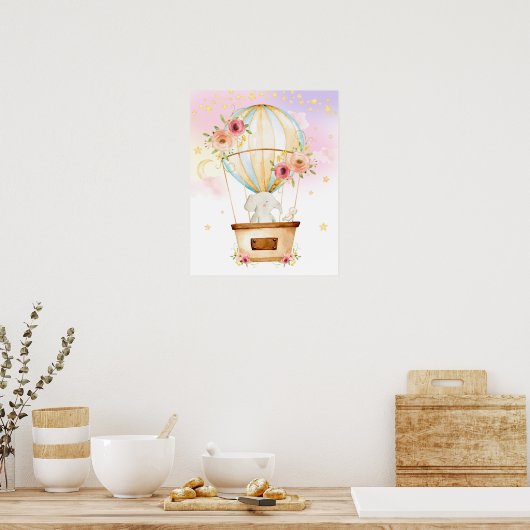 Roze bloemige hete luchtballon Olifant Avontuur Poster (Keuken)