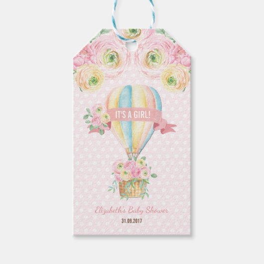  roze bloemige heteluchtballon Baby shower Cadeaulabel (Voorkant)