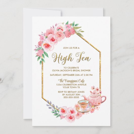 Roze Bloemige High Tea Bruidsuitnodiging Kaart (Voorkant)
