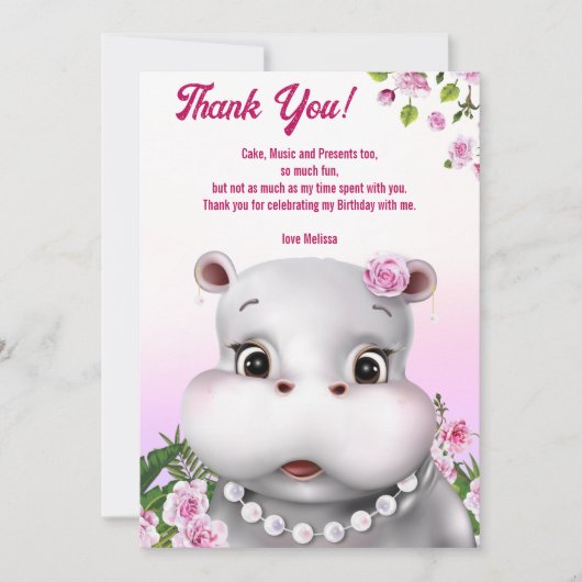 Roze Bloemige Hippo Dankkaart Bedankkaart (Voorkant)