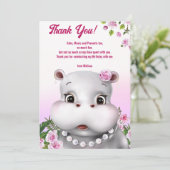 Roze Bloemige Hippo Dankkaart Bedankkaart (Staand voorkant)