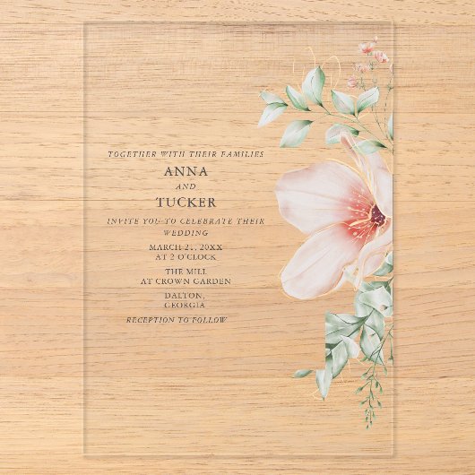 Roze Bloemige Huwelijk Acryl Uitnodigingen (Voorkant)