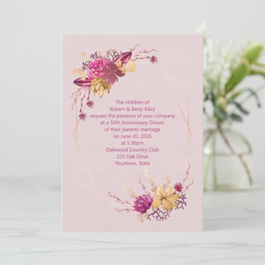 roze bloemige huwelijksjubileum diner kaart (Staand voorkant)