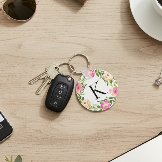 Roze Bloemige Initiaal Sleutelhanger