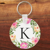 Roze Bloemige Initiaal Sleutelhanger (Voorkant)