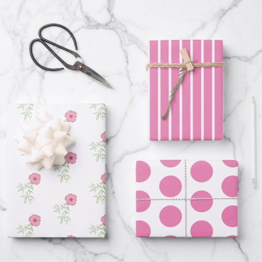 Roze bloemige inpakpapier platte vel set van 3 (Voorkant)