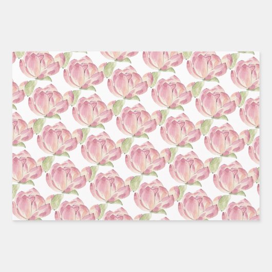 Roze bloemige inpakpapier platte vel set van 3 (Voorkant 2)