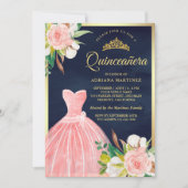 Roze bloemige jurk Navyblauw Gouden Quinceanera Kaart (Voorkant)