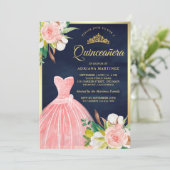 Roze bloemige jurk Navyblauw Gouden Quinceanera Kaart (Staand voorkant)