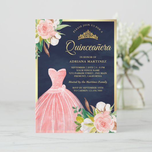Roze bloemige jurk Navyblauw Gouden Quinceanera Kaart