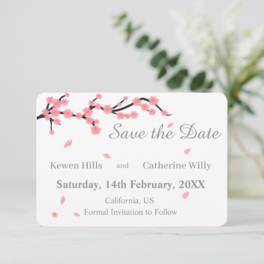 Roze Bloemige Kersenbloesem Bewaar de Datum Save The Date (Staand voorkant)