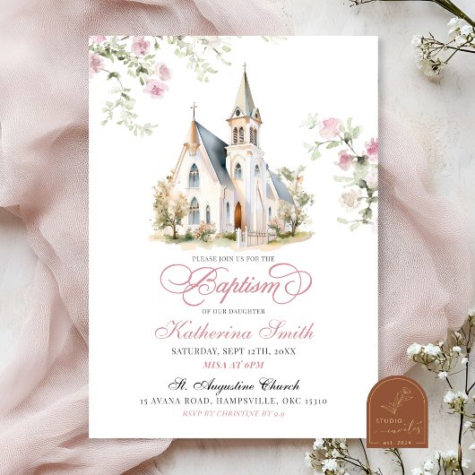 Roze bloemige klassieke kerkdoop kaart