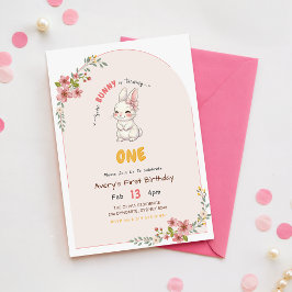 Roze bloemige knuffelkonijn 1e verjaardag kaart