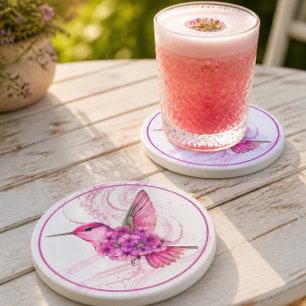 Roze bloemige kolibrie zandsteen onderzetter