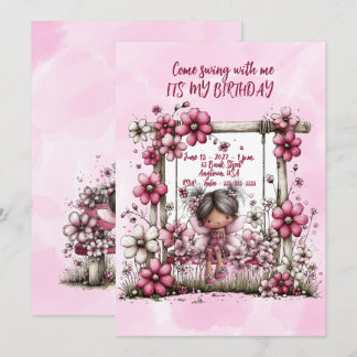 Roze bloemige kom schommel met mij meisjes verjaar notitiekaartje