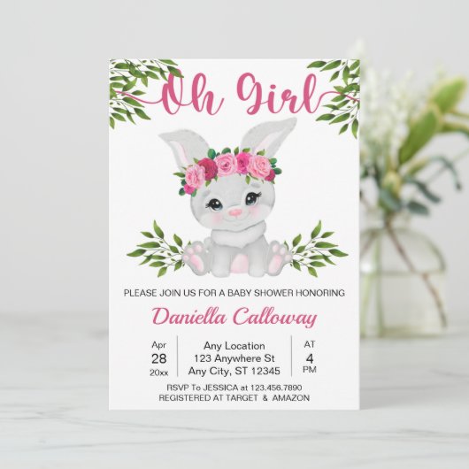 Roze bloemige konijn Baby Girl Baby Shower Kaart (Staand voorkant)