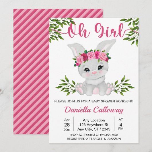 Roze bloemige konijn Baby Girl Baby Shower Kaart (Voorkant / Achterkant)