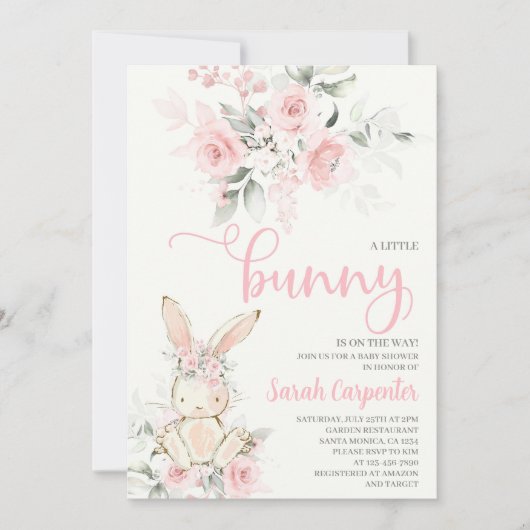Roze bloemige konijn baby shower meisje uitnodigin kaart (Voorkant)