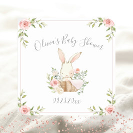 Roze Bloemige Konijn Baby Shower Vierkante Sticker