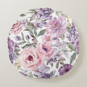 Roze Bloemige Lavendel Roos Aquarel Paarse Bloem Rond Kussen