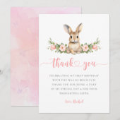 Roze bloemige lente konijn een konijn 1e verjaarda bedankkaart (Voorkant / Achterkant)