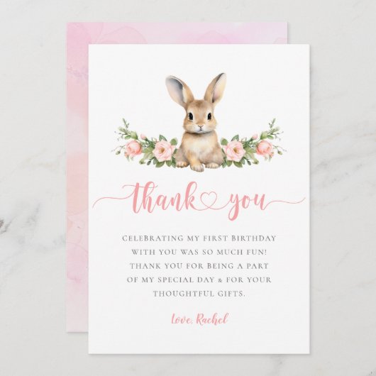 Roze bloemige lente konijn Some Bunny 1e verjaarda Bedankkaart (Voorkant / Achterkant)