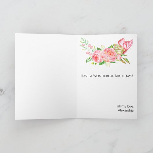Roze Bloemige Lieve Sentimentele Vlinder Verjaarda Kaart (Binnen)