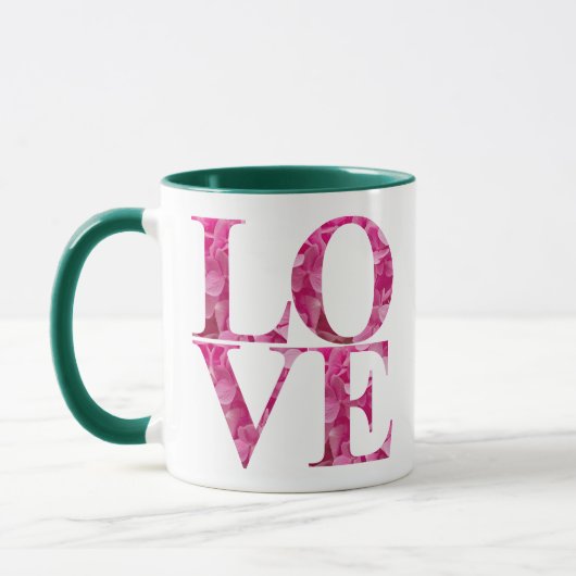 Roze bloemige LOVE Vierkant Mok (Links)