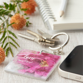 Roze bloemige Love You More Sleutelhanger