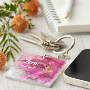Roze bloemige Love You More  Sleutelhanger