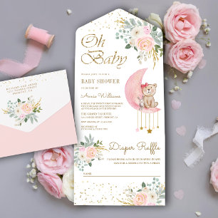 Roze Bloemige Maan Schattige Teddybeer Baby Shower All In One Uitnodiging