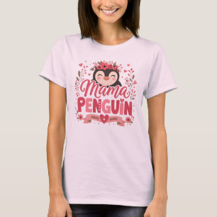 Roze bloemige Mama Pinguïn Moederschap Illustratie T-shirt