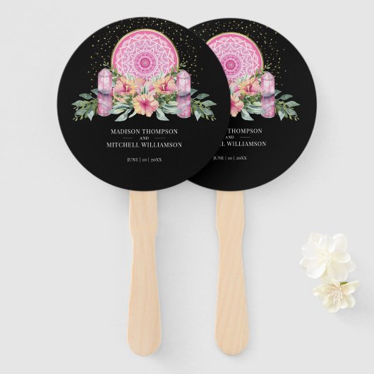 Roze Bloemige Mandala Kristallen Metafysische Trou Handwaaier (Voorkant en achterkant)