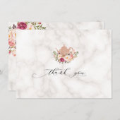 Roze bloemige marmer bruiloft theepartij bedankje bedankkaart (Voorkant / Achterkant)