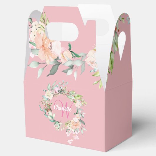 Roze Bloemige Meisjesachtige Script Monogram Bedankdoosjes (Geopend)