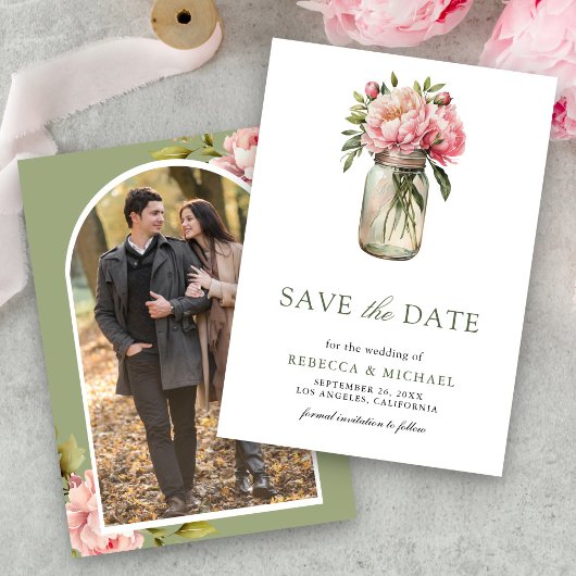 Roze Bloemige Metselaars Pot Foto Bruiloft Save The Date