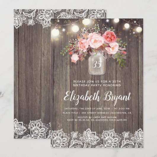 Roze bloemige metseljarige rustieke kant verjaarda kaart (Voorkant / Achterkant)