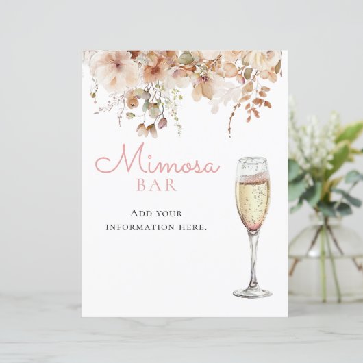 Roze bloemige Mimosa Bar champagne menu bord (Staand voorkant)