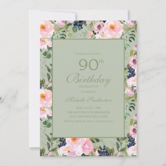 Roze Bloemige Mintgroene 90e Verjaardag Kaart (Voorkant)