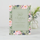 Roze Bloemige Mintgroene 90e Verjaardag Kaart (Staand voorkant)