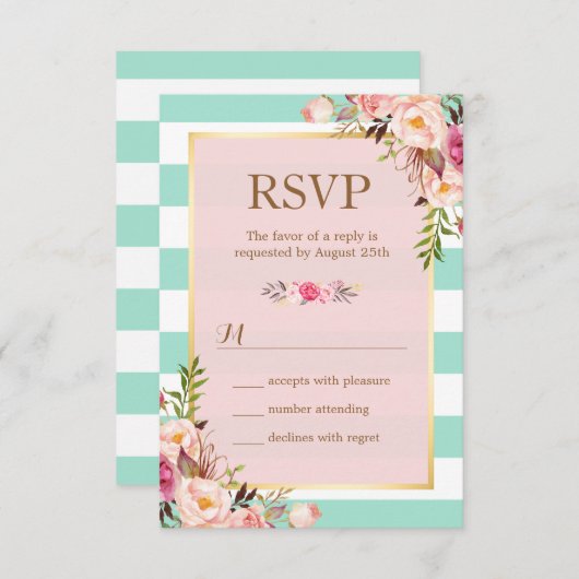 Roze bloemige mintgroene witte strepen RSVP (Voorkant / Achterkant)