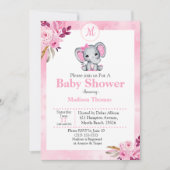 Roze Bloemige Monogram Olifant Baby Shower Kaart (Voorkant)