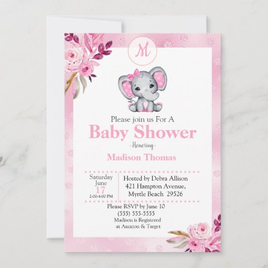 Roze Bloemige Monogram Olifant Baby Shower Kaart (Voorkant)