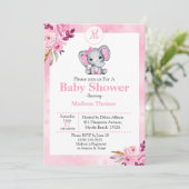 Roze Bloemige Monogram Olifant Baby Shower Kaart (Staand voorkant)