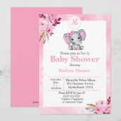 Roze Bloemige Monogram Olifant Baby Shower Kaart (Voorkant / Achterkant)