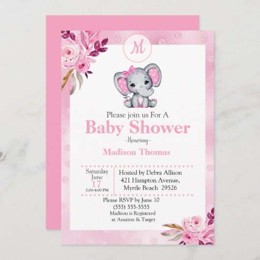 Roze Bloemige Monogram Olifant Baby Shower Kaart (Voorkant / Achterkant)